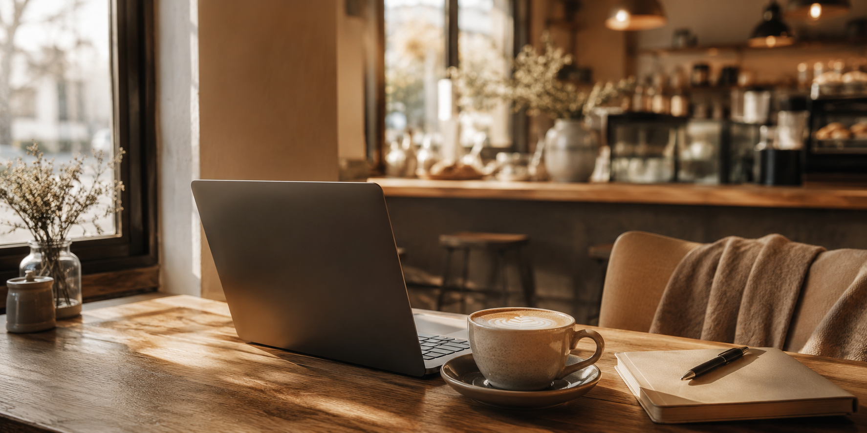 Cozy café workspace with laptop and coffee