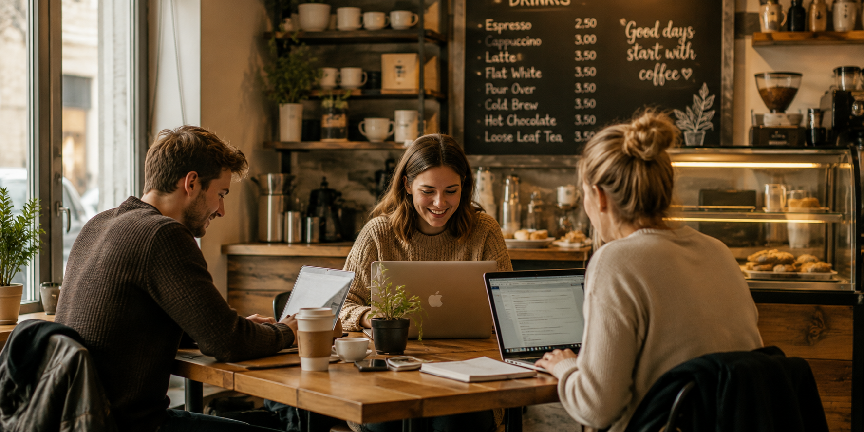 Remote workers collaborating in coffee shop
